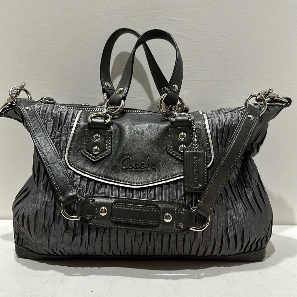 COACH (#F20084) “Ashley” Grey Pleated Satin/ Leather Satchel/ Shoulder Bag
